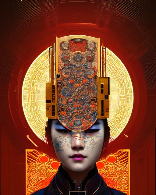 Image similar to portrait of a cyberpunk machine, machine face, upper half portrait, decorated with chinese opera motifs, asian, fine china, wuxia, traditional chinese art, intricate, elegant, highly detailed, symmetry, headpiece, digital painting, artstation concept art smooth sharp focus, illustration, art by artgerm and greg rutkowski alphonse mucha 8 k