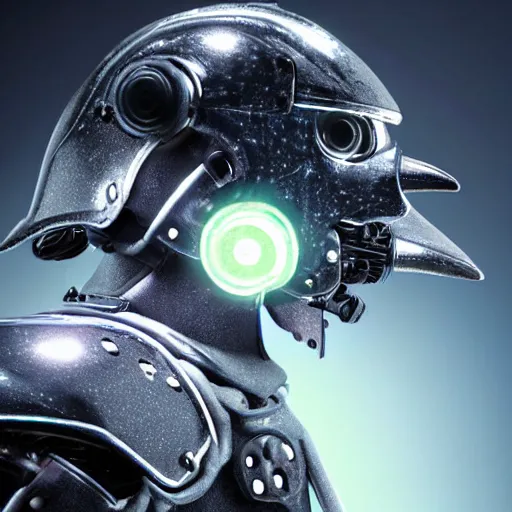 Image similar to crow wearing cybernetic armour, leds, dark background, close - up, futuristic technology, soft glow