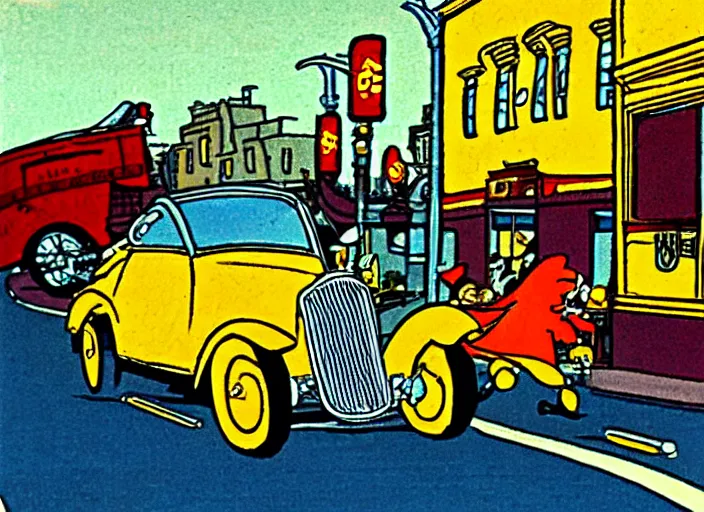 Prompt: hotrods driving down a street , vintage, highly detailed, by Hergé