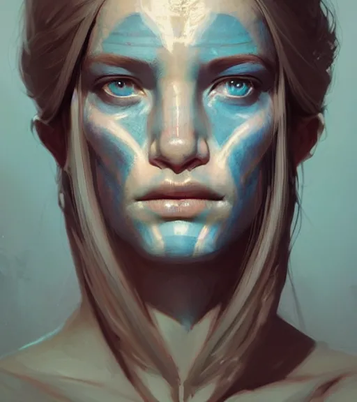 Prompt: portrait of a woman raised on the island face tatooes by greg rutkowski, dynamic lighting, gradient light blue, brown, blonde cream and white color scheme, grunge aesthetic