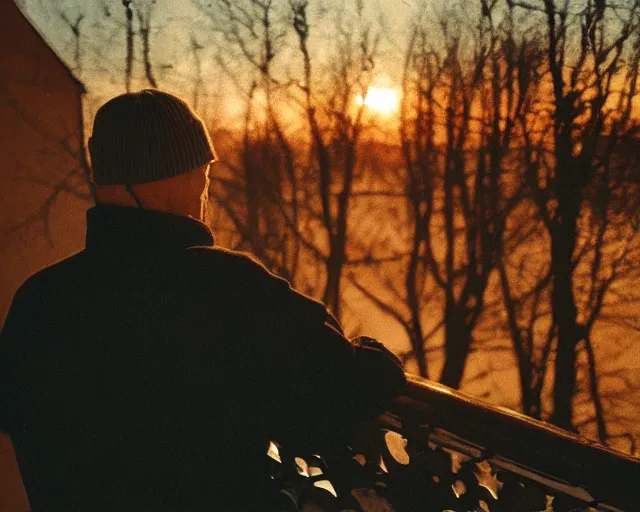 Prompt: lomographic film still photo of 4 0 years russian man with beard and sweater standing on small hrushevka 9 th floor balcony full with cigarette smoke in winter taiga looking at sunset, cinestill, bokeh