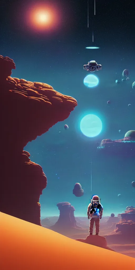 Image similar to a lonely astronaut on a amazing alien landscape and the universe, digital art, breathtaking, golden ratio, extremely detailed, establishing shot, hyperrealistic, cinematic lighting, particles, unreal engine, simon stålenhag, rendered by Beeple, Makoto Shinkai, syd meade, simon stålenhag, Ruan Jia, Kentaro Miura, environment concept, artstation, octane render, 4K UHD image