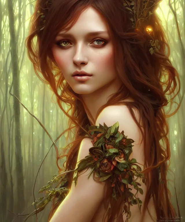 Image similar to Forest nymph woman portrait, amber eyes, face, long hair, fantasy, intricate, elegant, highly detailed, digital painting, artstation, concept art, smooth, sharp focus, illustration, art by artgerm and greg rutkowski and alphonse mucha