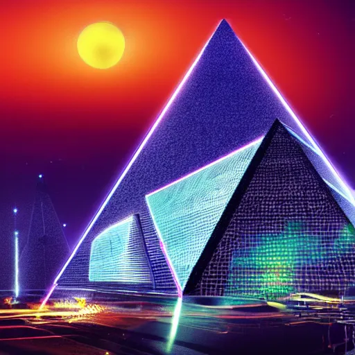 Prompt: a hyper realistic picture of a cyberpunk pyramid with multiple lights coming out of it