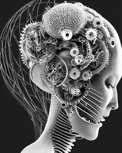 Image similar to mythical black and white organic bio-mechanical spinal ribbed profile face portrait detail of mechanical beautiful female angelic-vegetal-cyborg, highly detailed, intricate steampunk ornate, poetic, 3D render, digital art, octane render, 8K artistic photography, photo-realistic, by Dora Maar