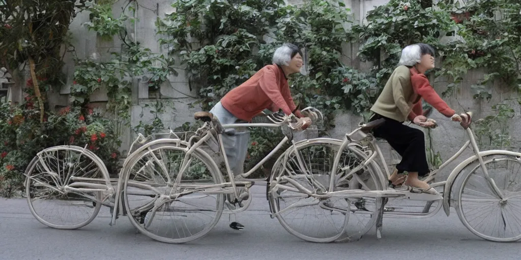 Prompt: bicycle, there are two people on the bike, ride on a bicycle, lovely, by hayao miyazaki