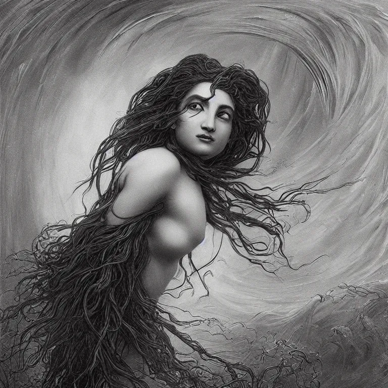 Image similar to beautiful biomechanical moon goddess, flowing hair, intense stare, sweet sarcastic smile, dark blue skin, concept art, realistic oil painting by gustave dore,