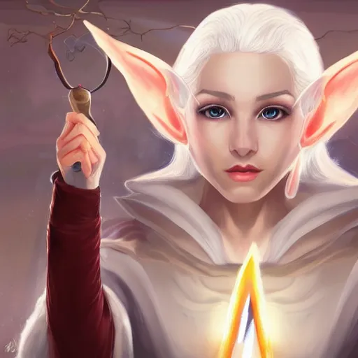 Image similar to Beautiful white haired aged fair skinned scholar elf with spell scroll and lightning background, full body, symmetrical, realism, digital painting, detailed artwork, portrait, mythical, artstation