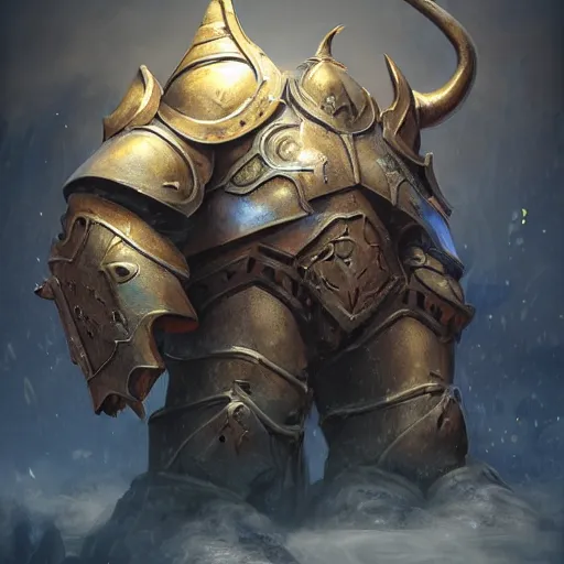 Image similar to an anthropomorphic blue Rhinoceros wearing plate paladin armor, forward facing angle, concept art, character design, stunning 3d render , art by Tooth Wu and justin gerard and Blizzard studios, dim volumetric lighting, 8k octane beautifully detailed render, post-processing, extremely hyperdetailed, intricate complexity, epic composition, grim yet sparkling atmosphere, masterpiece, trending on artstation