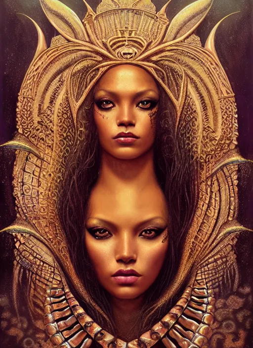 Image similar to portrait of mermaid queen, zoom, rule of thirds, atmosphere, intricate, regal, latinas, ( brown skin ), symmetrical!!, loreal, maybelline, sephora, loreal, artstation, art by karol bak ( ( cinematic ) ), concept art, filmic, vsco