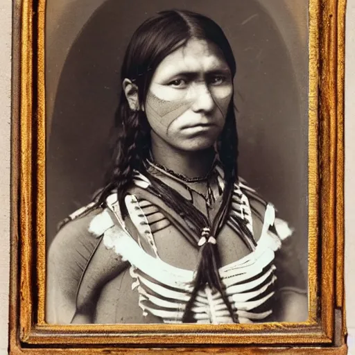 Image similar to victorian photo portrait of Predator and a native american warrior girl, 1825