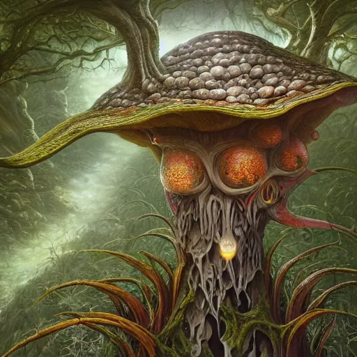 Image similar to Close up hyper detailed fantasy mushroom elf elves in the forest digital art, 4k, artstation deviantart concept art studio lighting by jacek yerka, alex gray, zdzisław beksiński, dariusz zawadzki, jeffrey smith and h.r. giger, oil on canvas, 8k highly professionally detailed, trending on artstation