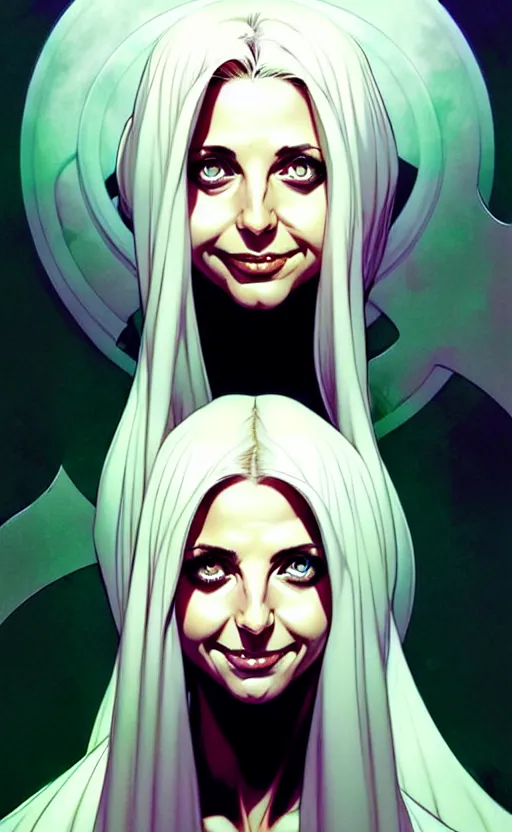 Image similar to artgerm, joshua middleton comic cover art, pretty ghost sarah michelle gellar full body, floating, creepy smile, friendly, symmetrical eyes, symmetrical face, long white hair, inside haunted house