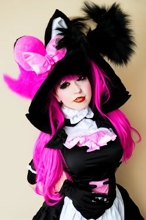 Image similar to Catgirl with black fur, pink hair, and pink eyes in Gothic Lolita maid costume wearing small top hat