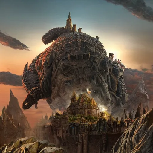 Image similar to large fantasy castle rising from the top of a giant tortoise, towering over a harsh barren sandy wasteland, distant shot angled slightly up, fantasy, hyper detailed, 4 k, howls moving castle, mortal engines, kaiju,