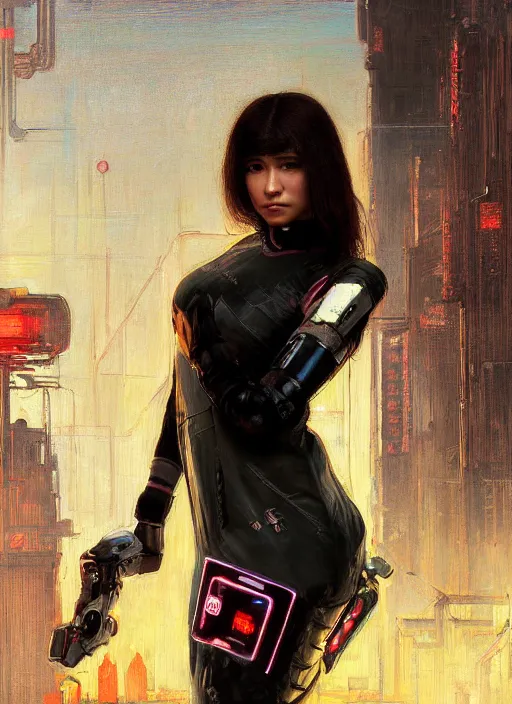 Image similar to Nikki Tanaka. Beautiful Feminist Cyberpunk mechanic with robotic legs. (Cyberpunk 2077, bladerunner 2049). Iranian orientalist portrait by john william waterhouse and Edwin Longsden Long and Theodore Ralli and Nasreddine Dinet, oil on canvas. Cinematic, vivid colors, hyper realism, realistic proportions, dramatic lighting, high detail 4k