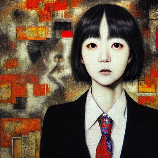 Image similar to yoshitaka amano blurred and dreamy realistic three quarter angle portrait of a young woman with short hair and black eyes wearing office suit with tie, junji ito abstract patterns in the background, satoshi kon anime, noisy film grain effect, highly detailed, renaissance oil painting, weird portrait angle, blurred lost edges