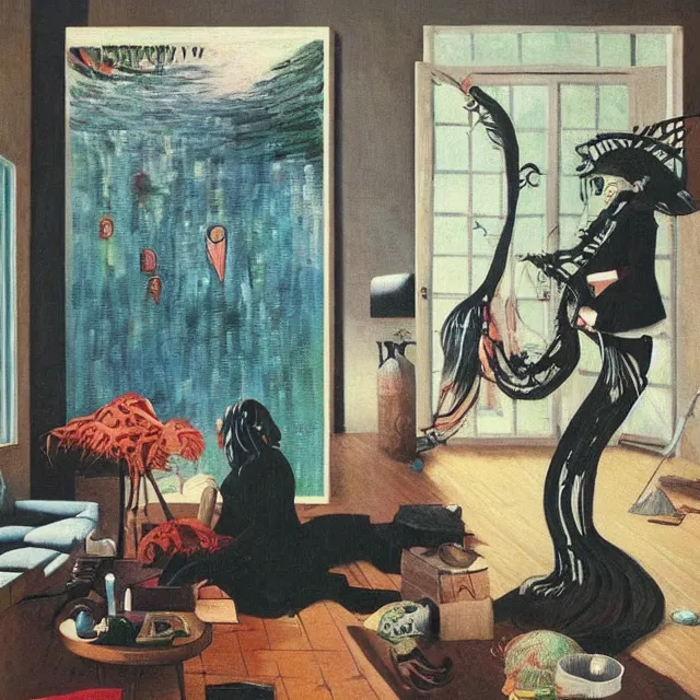 Image similar to tall female emo artists in their flooded apartment, painting of flood waters inside an artist's home, a river flooding indoors, pomegranates, pigs, ikebana, water, octopus, river, rapids, waterfall, black swans, canoe, berries, acrylic on canvas, surrealist, by magritte and monet