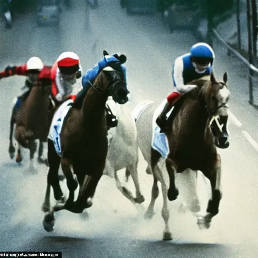 Image similar to horses racing against cars in a heated race in 1975, shot from a Pulitzer winning photography
