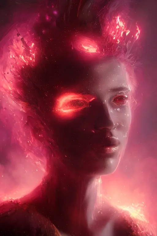 Image similar to a beautiful portrait of a young cosmic Demon women covered in deep purple flames with an intense look on her face by Greg Rutkowski, Sung Choi, Mitchell Mohrhauser, Maciej Kuciara, Johnson Ting, Maxim Verehin, Peter Konig, Bloodborne , 8k photorealistic, cinematic lighting, HD, high details, atmospheric , trending on artstation