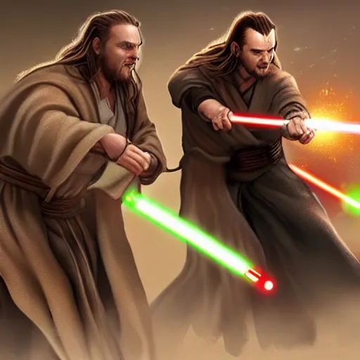 Image similar to professional physically based octane render comic illustration of anakin skywalker, fighting with qui-gon jinn, character concept art, epic composition, style of Star Wars, marvel, 8k comic art, intricately detailed linework