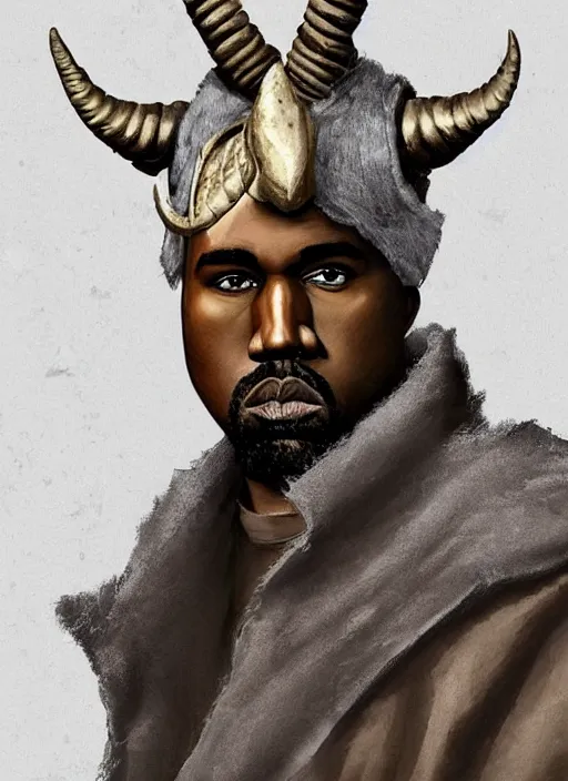 Image similar to a portrait of kanye west as a male tiefling warrior with!!! only two!!! large curved horns, intricate, tone mapped, ambient lighting, highly detailed, digital painting, artstation, concept art, 4 k, god rays, stunning beautiful, glowing eyes, sharp focus, by makoto shinkai and akihiko yoshida and hidari and wlop