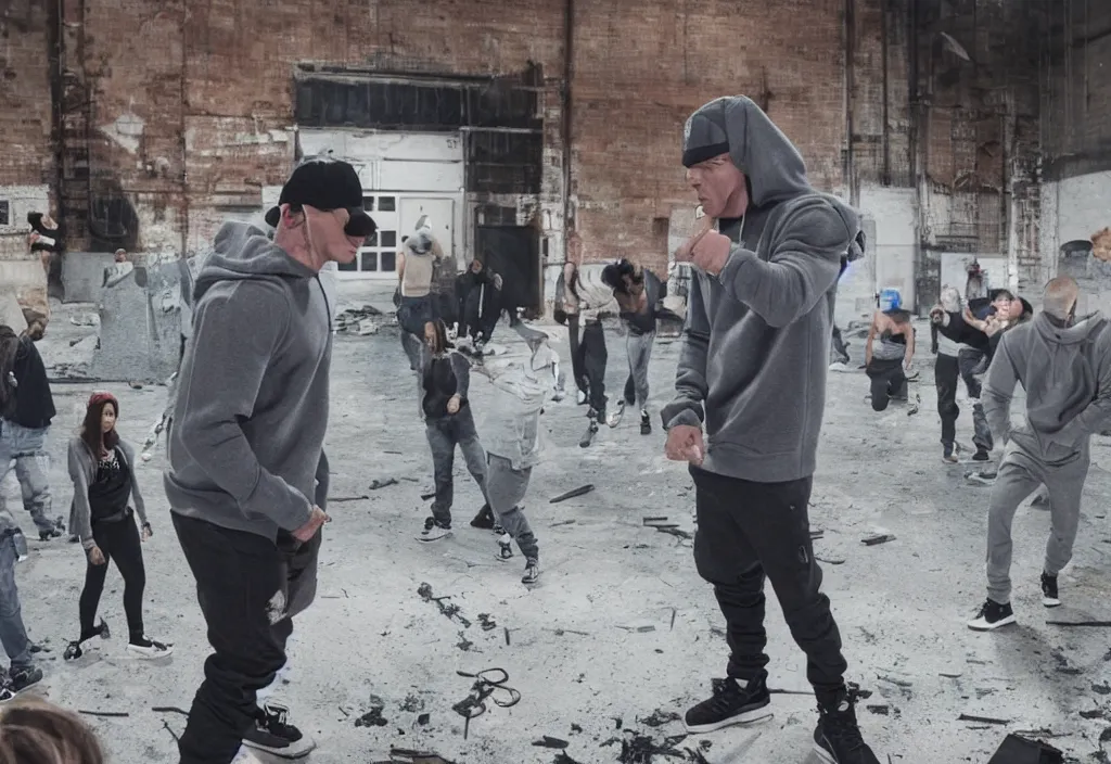 Prompt: john cena with a gray cap and a gray hoodie with the hood on. He's in a rap battle at an abandoned warehouse. A big crowd of people is watching. Lose yourself by eminem music video.