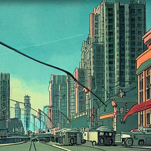 Image similar to “ large art deco city in 1 9 4 5, from an anime movie ”
