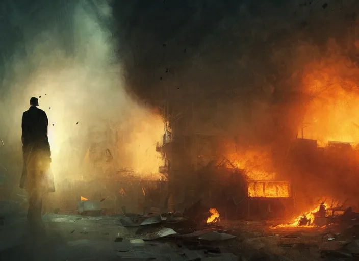 Prompt: the silhouette of a sad man looks at the destroyed and burning world, sheets of paper fly around volumetric lighting, digital painting, highly detailed, artstation, sharp focus, illustration, concept art, ruan jia, steve mccurry, amazing composition