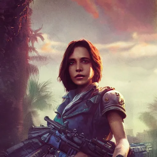 Prompt: fallout 5, charismatic beautiful rugged brunette female protagonist, portrait, outdoors tropical cityscape, atmospheric lighting, painted, intricate, volumetric lighting, beautiful, daytime, sunny weather, few clouds, sharp focus, deep colours, ultra detailed, by leesha hannigan, ross tran, thierry doizon, kai carpenter, ignacio fernandez rios