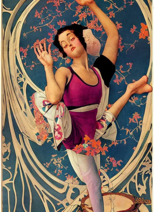 Image similar to an art nouveau painting poster of a girl doing yoga with a futuristic kimono and leggins by norman rockwell