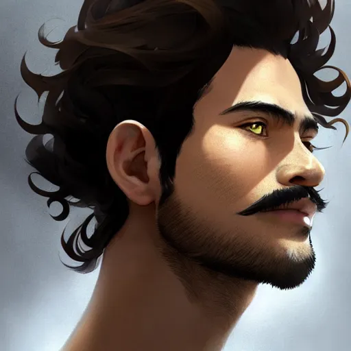 Image similar to Portrait of man with Tousled Curls type hair and Brown Indonesian-type skin, with round face and small mustache, atmospheric lighting, intricate detail, cgsociety, ambient light, dynamic lighting, anime style by Yusuke Kozaki