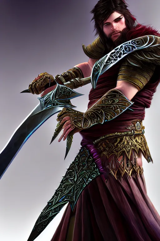 Image similar to norn wielding a greatsword of Guild Wars 2, concept art, close-up, digital art, hyper-realistic, highly detailed
