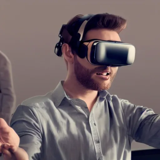 Prompt: beautiful hyper-realistic style cinematic work where a man with virtual reality glasses appears, in the background you can see a happy man and in the background there is a graph of good financial returns