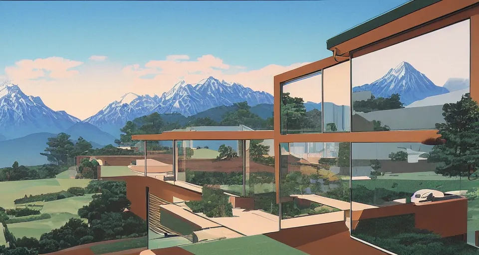 Prompt: contemporary house with large glass windows beneath the alps, matte painting, painted by hiroshi nagai