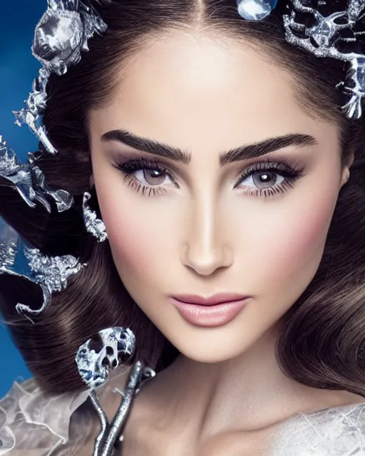 Image similar to Olivia Culpo as milady de winter, styling by Tom Eerebout & Sandra Amador, clear makeup, clean hair, dry skin, clear skin, airbrushed, bright eye makeup, warrior body, photo by mario testino, 8k octane render, cinematic, hyper detailed, micro details, insanely detailed, trending on artstation, concept art