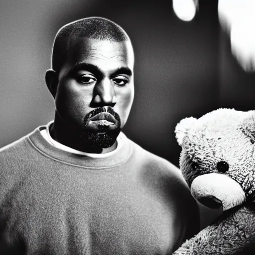 Prompt: cinematic photograph of Kanye West with a anthropomorphic teddy bear, portrait, album cover, shallow depth of field, 40mm lens, gritty, textures