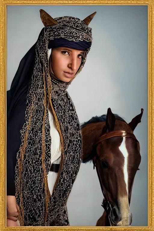 Image similar to hyperrealistic portrait from middle eastern burqa woman riding horse, with riffle in her chest, super highly detail, accurate boroque, without duplication content, white border frame, medium close up shot, justify content center, symmetrical, incrinate, cinematic, dust, award winning photos, vogue, shadow effect, luminate, sharp focus, realistic human