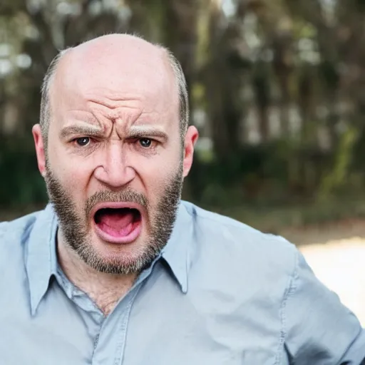 Image similar to an extremely angry, screaming, scary, balding middle aged white man looking at the camera