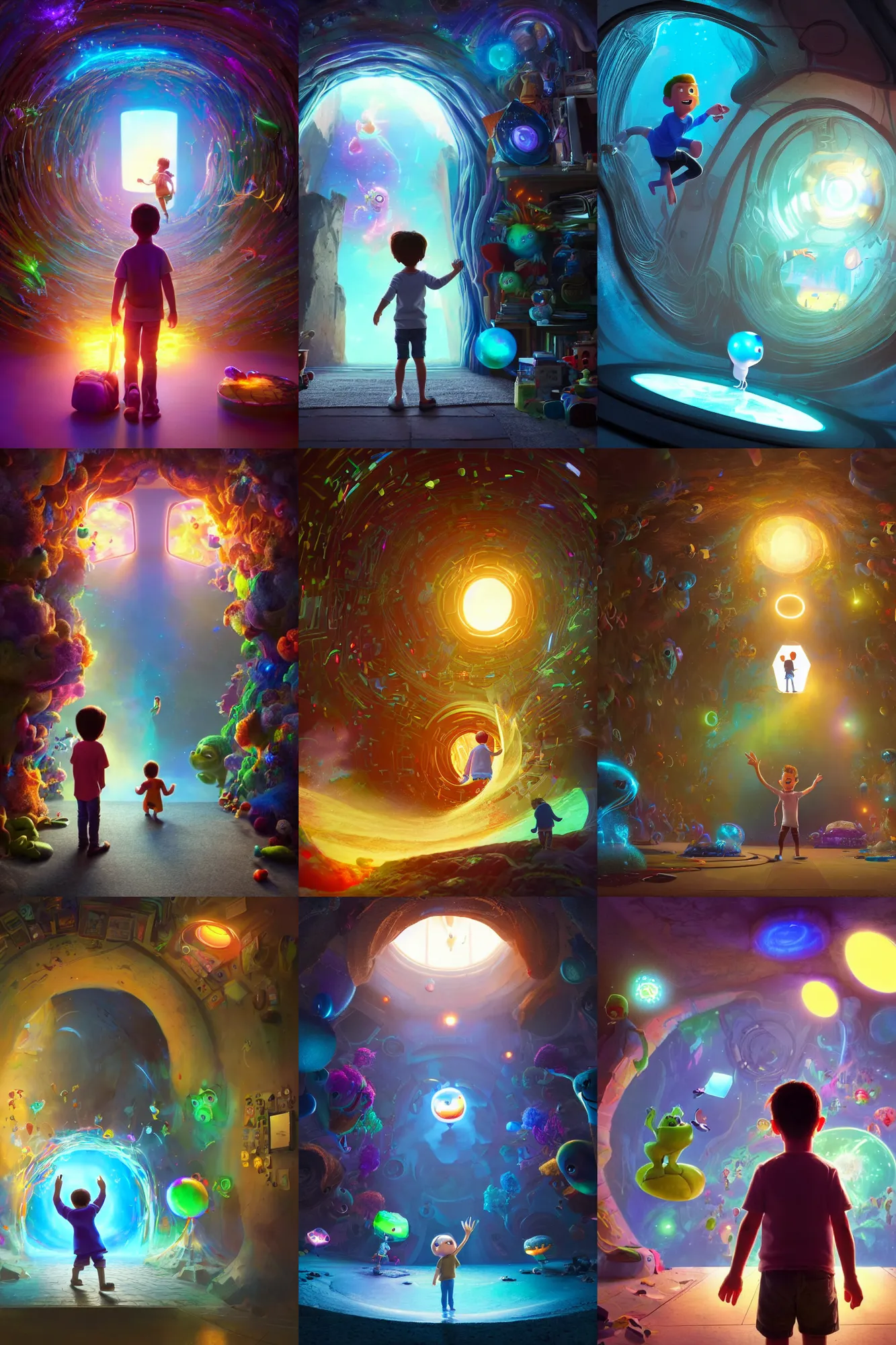 Prompt: a wholesome illustration of a kid entering a portal to another dimension through the computer monitor with imaginative and trippy elements popping out of the screen, imagination, creativity, magic, computer monitor, photos hanging on the wall Pixar and Disney animation, sharp, Rendered in Redshift and Unreal Engine 5 by Greg Rutkowski, Bloom, dramatic lighting