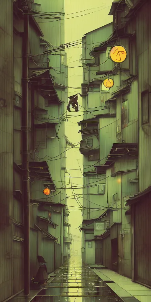 Prompt: tokyo alleyway, rainy day, scooter, by cory loftis, makoto shinkai, hasui kawase, james gilleard, beautiful, serene, peaceful, lonely, golden curve composition