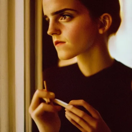 Image similar to Photograph of Emma Watson holding a cigarette by the window. Golden hour, dramatic lighting. Medium shot. CineStill