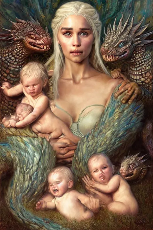 Image similar to portrait of daenerys targaryen surrounded by three baby dragons. art by gaston bussiere and tomacz alen kopera.