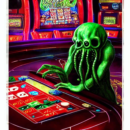 Prompt: digital art of cthulhu playing in a casino, realistic, highly - detailed, artstation cgsociety masterpiece