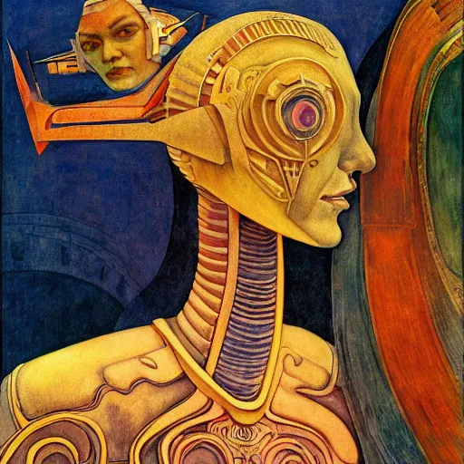 Image similar to the robot queen, by annie swynnerton and diego rivera and lucien freud and jean delville, symbolist, dramatic lighting, elaborate geometric ornament, head and shoulders view, art brut, soft pastel colors, smooth, sharp focus, extremely detailed, adolf wolfli, leo and diane dillon, nicholas roerich