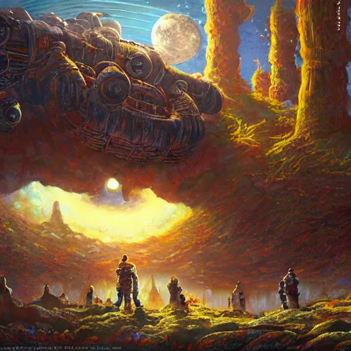 Image similar to astronauts land on ancient post - apocalyptic planet, jim henson creature shop, vivid and colorful, thomas kincaid, cinematic, oil painting, highly detailed, illustration