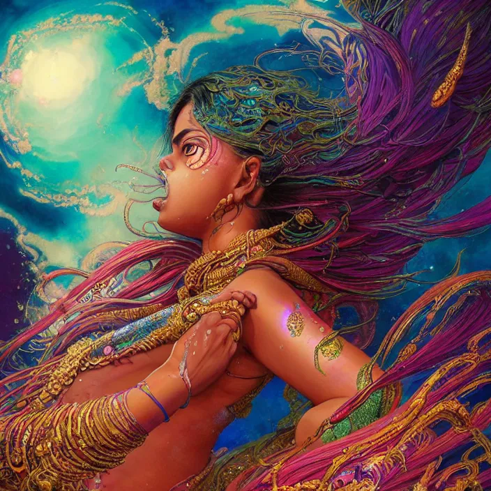 Image similar to ultra detailed illustration of a angry indian anime girl, skin covered in a sea of iridescent liquid, chrome metal material, lost in a dreamy oriental realm by Karol Bak, Moebius, hiroshi yoshida, Druillet, xsullo, colorful, front view, vivid colors, 8k, coherent, anime vibes, uplifting, magical composition, artstation, synthwave, 8k, coherent, artgerm, uplifting, unreal engine, magical composition, artstation