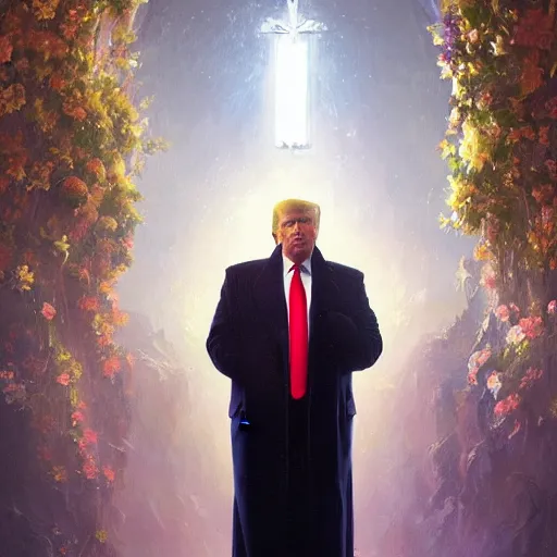 Prompt: a portrait of trump in flowers radiates holy light in the church,in the style of greg rutkowski,epic lighting,Postmodernism style,Masterpieces,oil on canvas