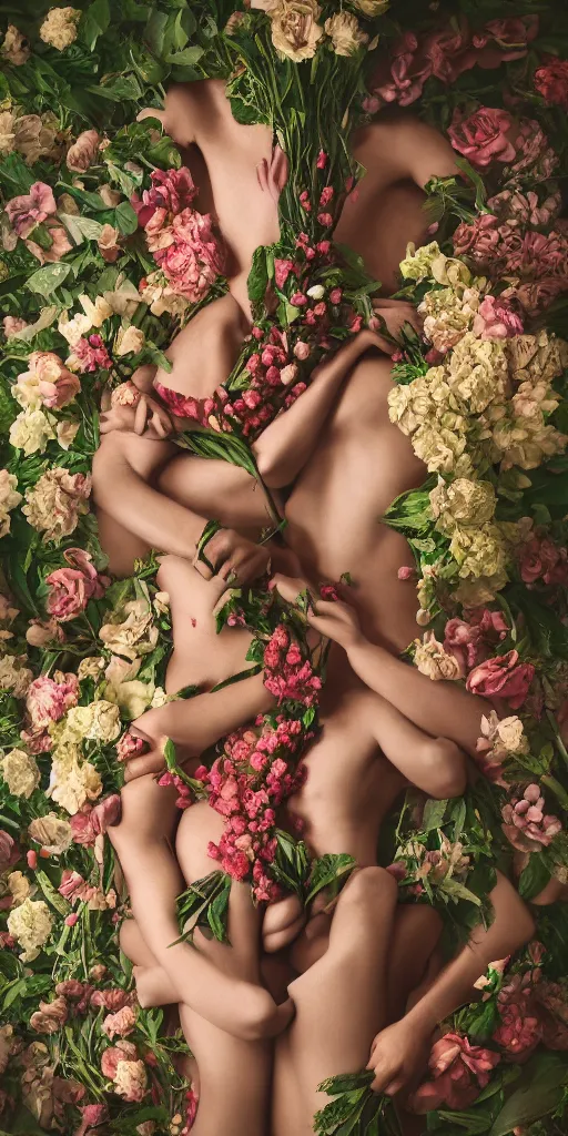 Image similar to human bodies intertwined, a lovely cornucopia of flowers and human body parts, body parts, highly detailed, octane render, cinematic