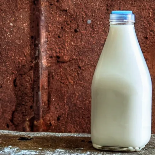 Image similar to bottle of milk, over a rusted metal table inside slaughterhouse